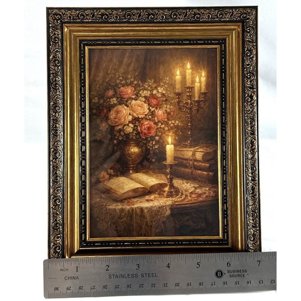 Floral Still Life Print Candles Roses 5x7 Ornate Gold Black Frame 7x9 Decor - Picture 5 of 7